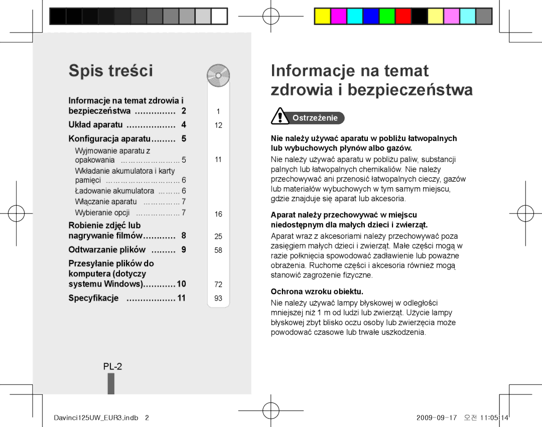 Samsung EC-WB1000BPSE3, EC-WB1000BPBFR manual Spis treści, Informacje na temat zdrowia i bezpieczeństwa, PL-2, Ostrzeżenie 