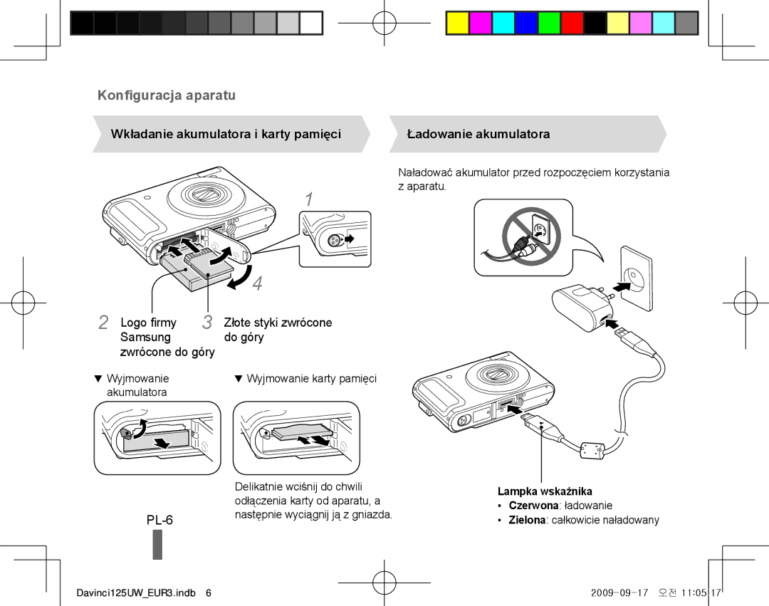 Samsung EC-WB1000BPSE2 manual Konfiguracja aparatu, PL-6, Wkładanie akumulatora i karty pamięci, Ładowanie akumulatora 