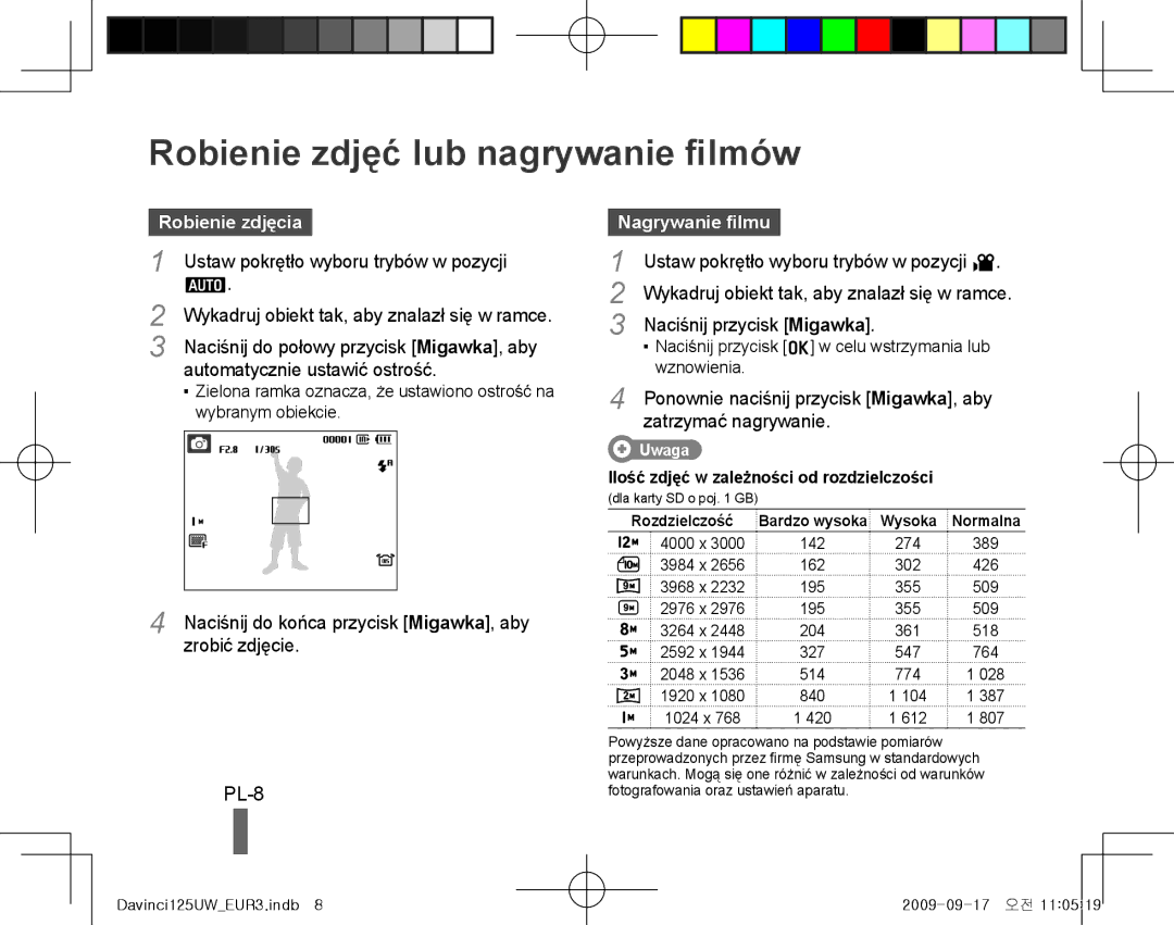 Samsung EC-WB1000BPBRU, EC-WB1000BPBFR manual Robienie zdjęć lub nagrywanie filmów, PL-8, Robienie zdjęcia, Nagrywanie filmu 