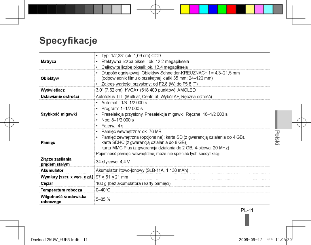 Samsung EC-WB100SBP/E3, EC-WB1000BPBFR, EC-WB100BBP/FR, EC-WB1000BPBE1, EC-WB1000BPSFR, EC-WB100SBP/FR Specyfikacje, PL-11 