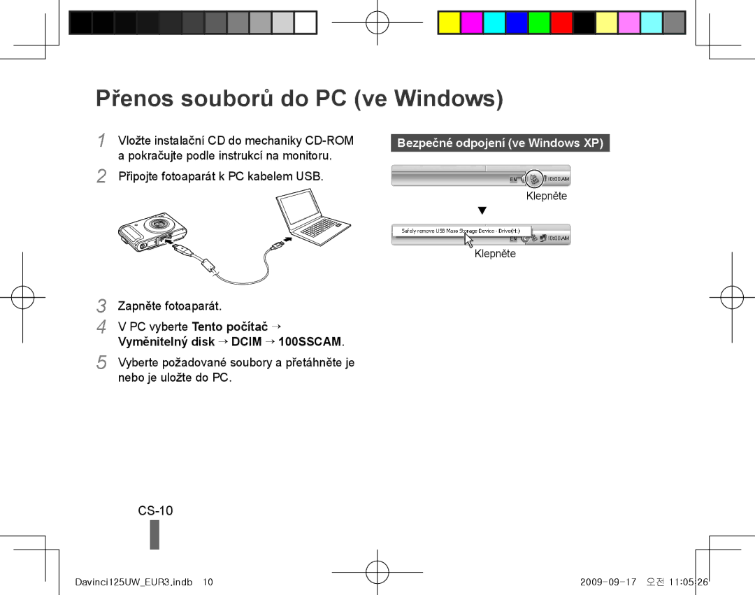 Samsung EC-WB1000BPBIT, EC-WB1000BPBFR manual Přenos souborů do PC ve Windows, CS-10, Bezpečné odpojení ve Windows XP 