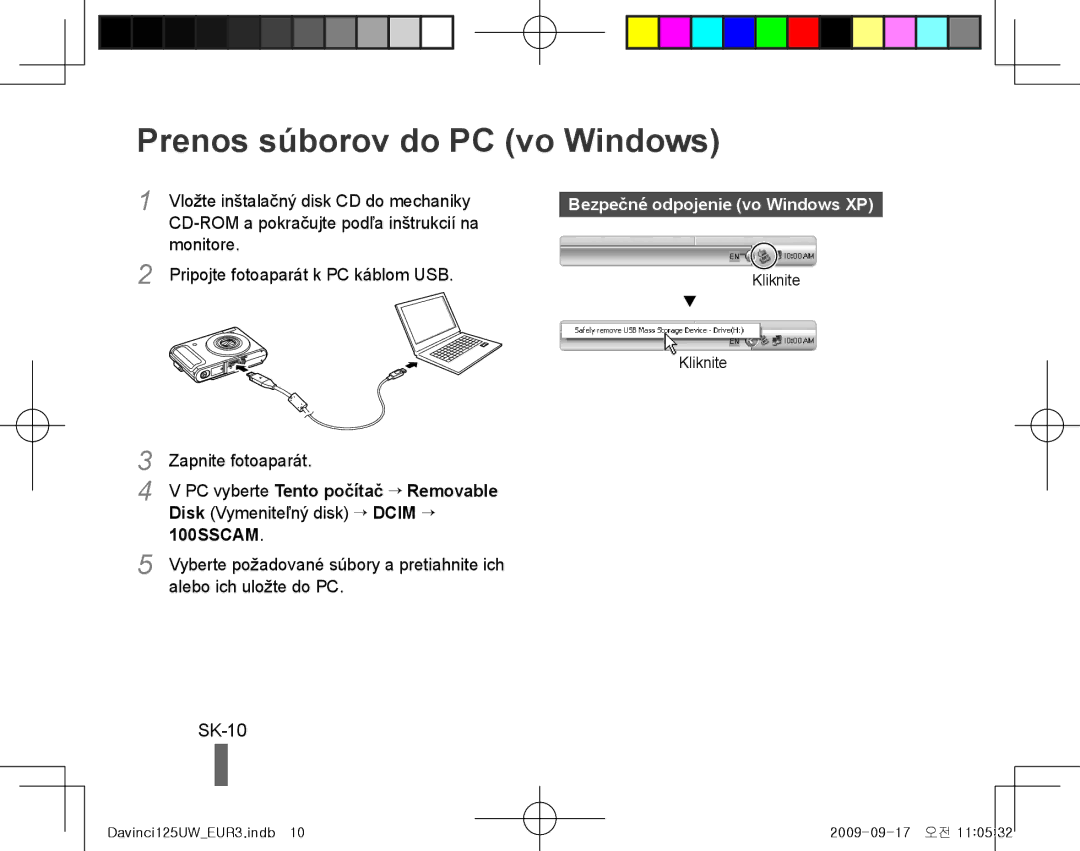 Samsung EC-WB1000BPBE2 manual Prenos súborov do PC vo Windows, SK-10, Bezpečné odpojenie vo Windows XP, Zapnite fotoaparát 