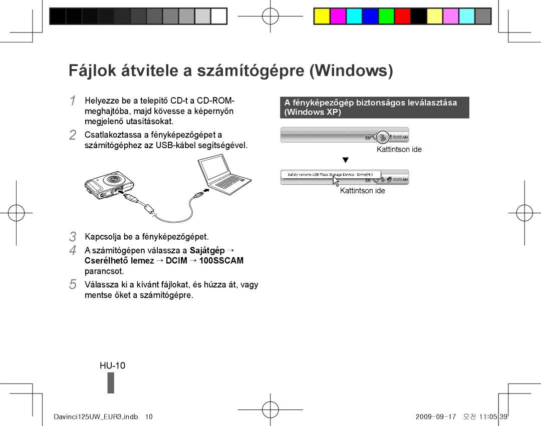 Samsung EC-WB1000BPBE1 Fájlok átvitele a számítógépre Windows, HU-10, Fényképezőgép biztonságos leválasztása Windows XP 