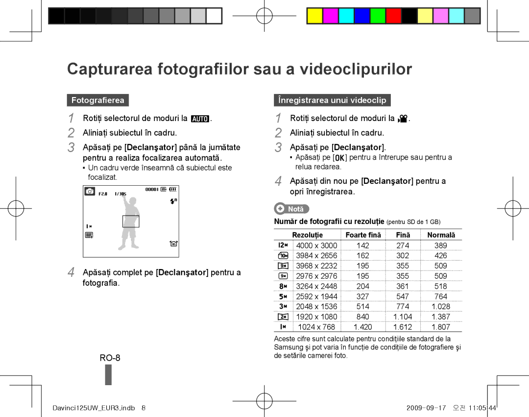 Samsung EC-WB100SBP/E1 Capturarea fotografiilor sau a videoclipurilor, RO-8, Fotografierea, Înregistrarea unui videoclip 