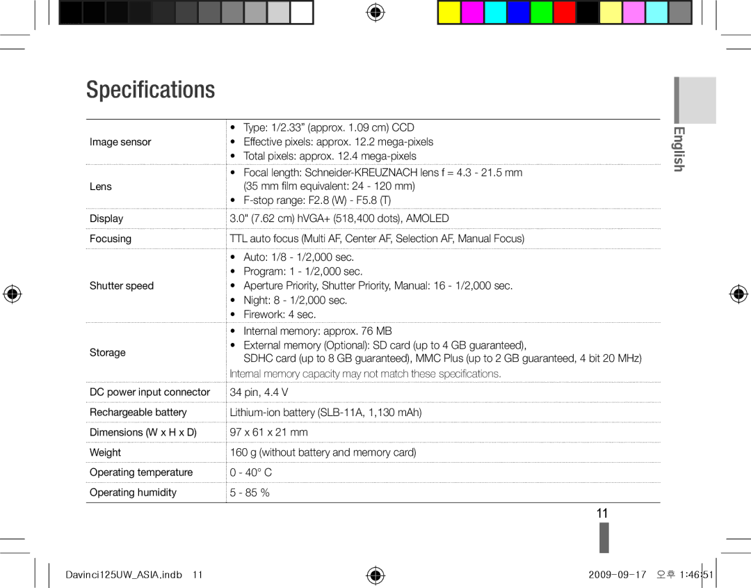 Samsung EC-WB100SBP/ME, EC-WB1000BPBFR manual Specifications, Image sensor Lens Display Focusing Shutter speed Storage 