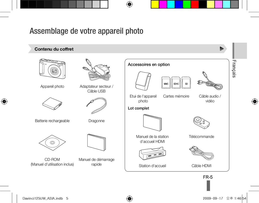 Samsung EC-WB1000BPSME, EC-WB1000BPBFR Assemblage de votre appareil photo, FR-5, Contenu du coffret, Accessoires en option 