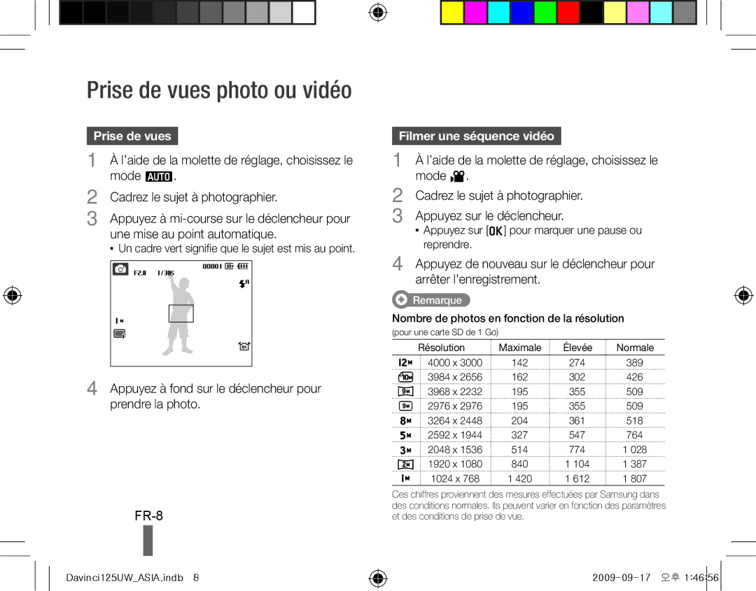 Samsung EC-WB1000BPBE2, EC-WB1000BPBFR, EC-WB100BBP/FR, EC-WB1000BPBE1 manual FR-8, Prise de vues, Filmer une séquence vidéo 