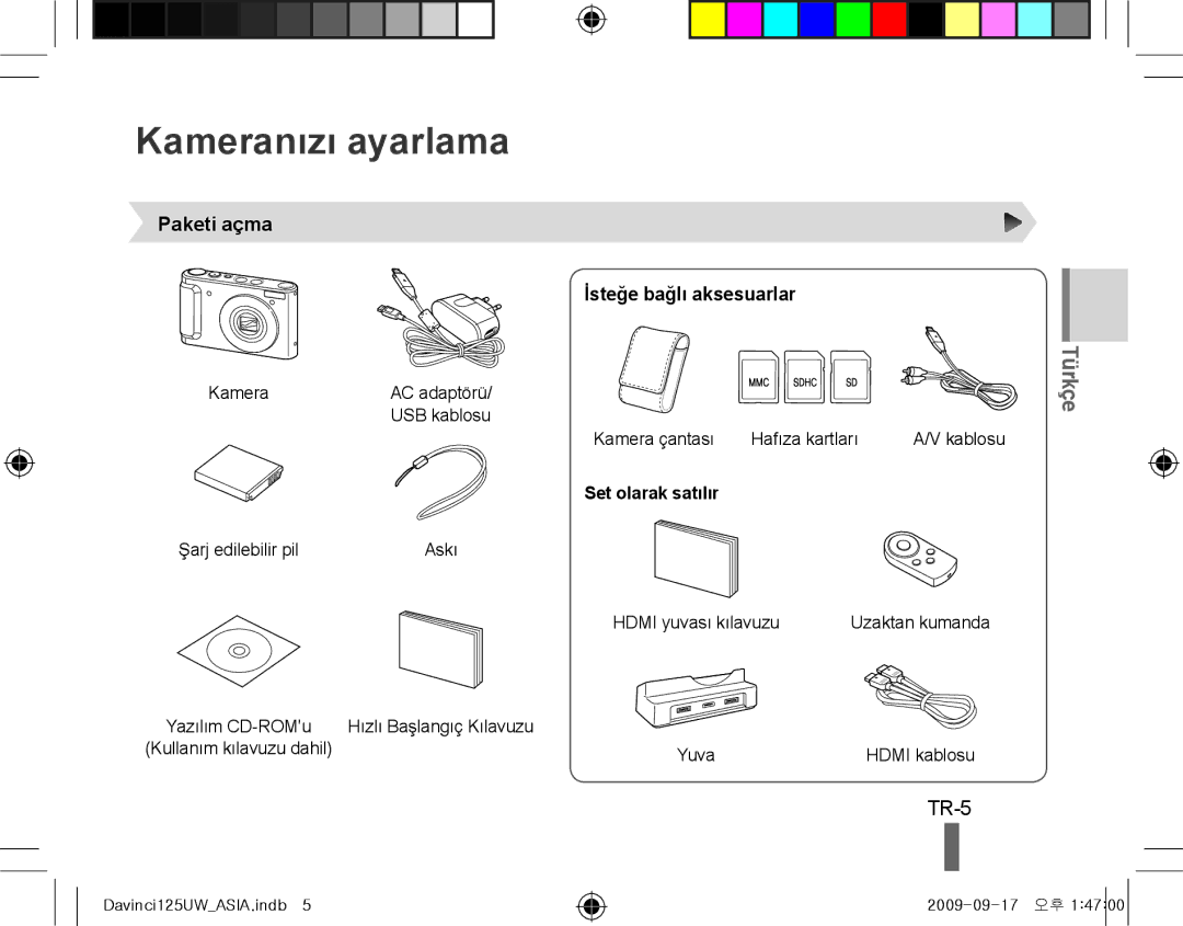 Samsung EC-WB100SBP/E3, EC-WB1000BPBFR Kameranızı ayarlama, TR-5, Paketi açma İsteğe bağlı aksesuarlar, Set olarak satılır 