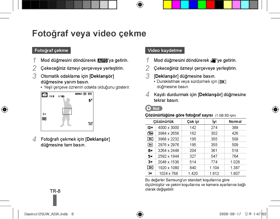 Samsung EC-WB1000BPBE1, EC-WB1000BPBFR, EC-WB100BBP/FR manual Fotoğraf veya video çekme, TR-8, Fotoğraf çekme, Video kaydetme 