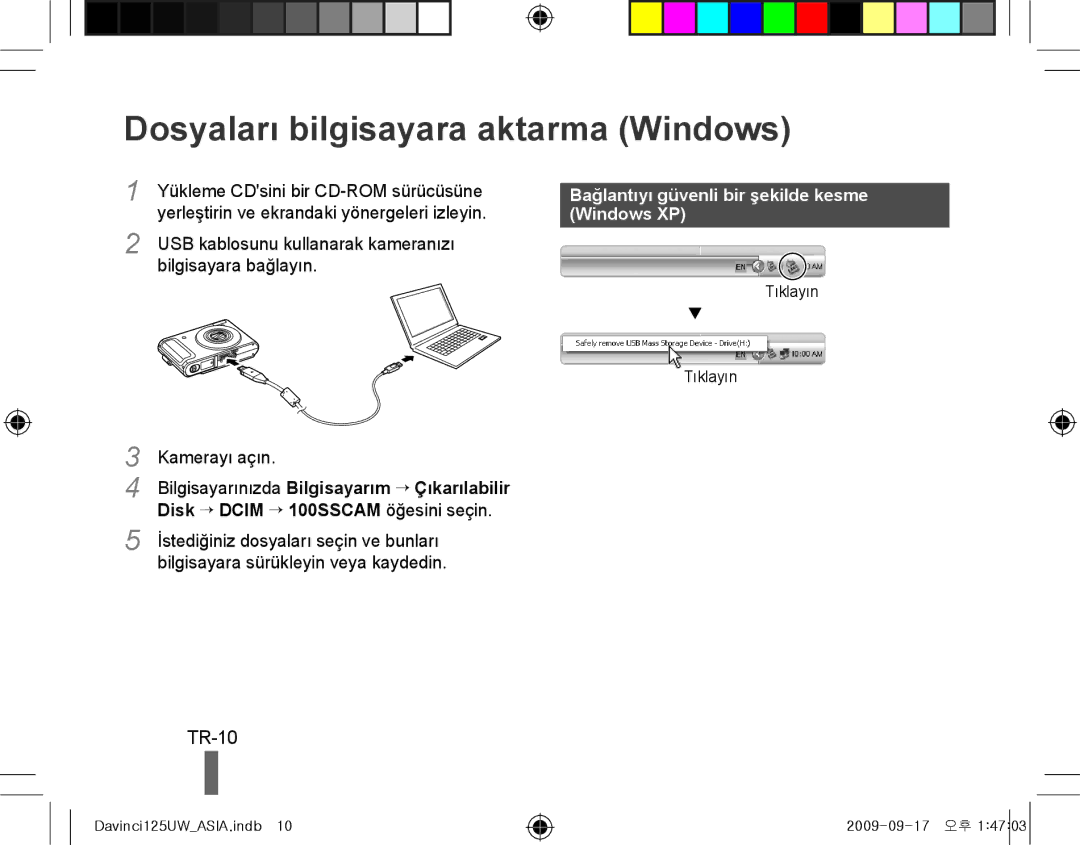 Samsung EC-WB100SBP/FR manual Dosyaları bilgisayara aktarma Windows, TR-10, Bağlantıyı güvenli bir şekilde kesme Windows XP 