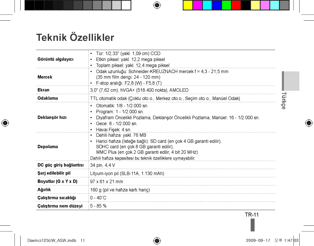 Samsung EC-WB100SBP/IT, EC-WB1000BPBFR, EC-WB100BBP/FR, EC-WB1000BPBE1, EC-WB1000BPSFR manual Teknik Özellikler, TR-11 