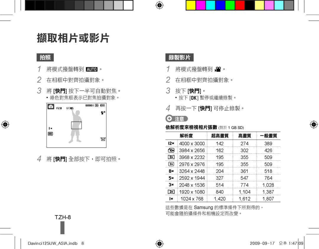 Samsung EC-WB100BBP/ME, EC-WB1000BPBFR, EC-WB100BBP/FR, EC-WB1000BPBE1, EC-WB1000BPSFR, EC-WB100SBP/FR manual 擷取相片或影片, ZH-8 