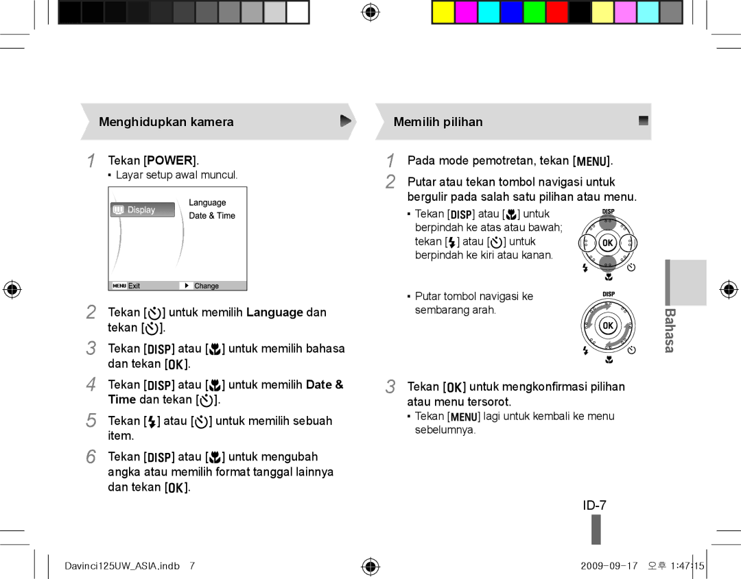 Samsung EC-WB100SBP/RU, EC-WB1000BPBFR, EC-WB100BBP/FR, EC-WB1000BPBE1 manual ID-7, Menghidupkan kamera, Memilih pilihan 