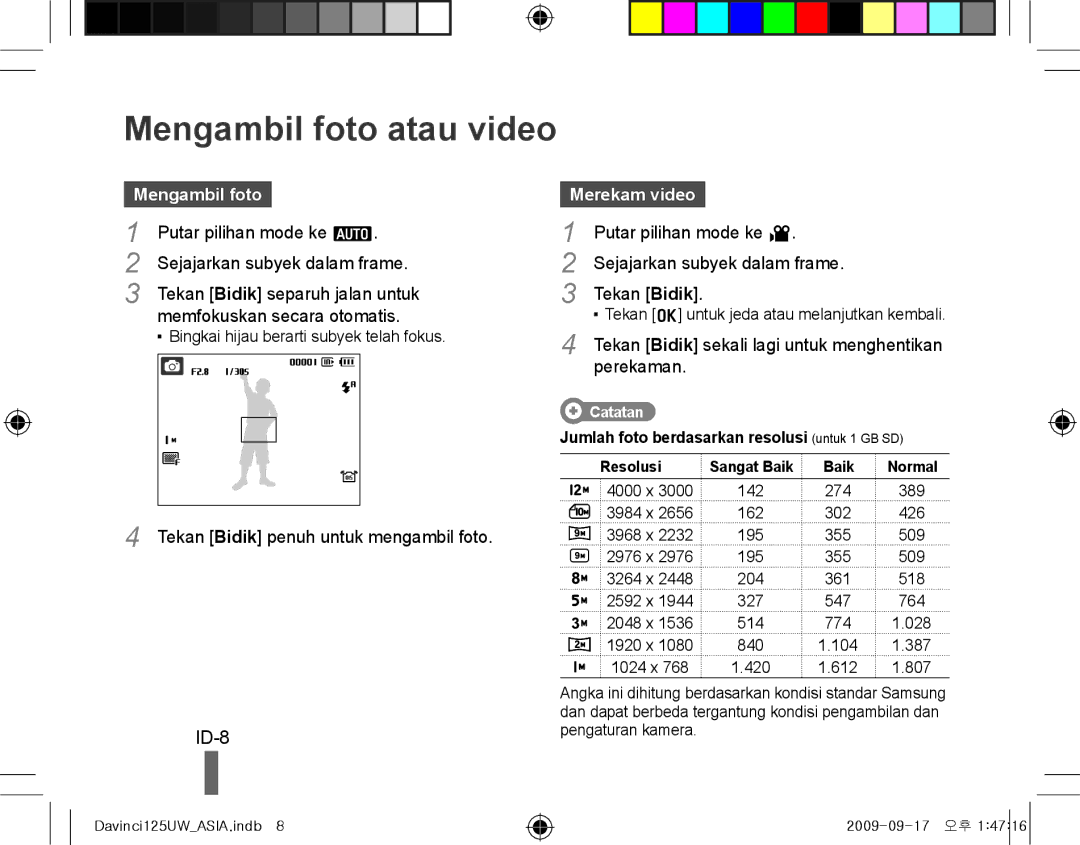 Samsung EC-WB1000BPBRU, EC-WB1000BPBFR, EC-WB100BBP/FR, EC-WB1000BPBE1 manual Mengambil foto atau video, ID-8, Merekam video 