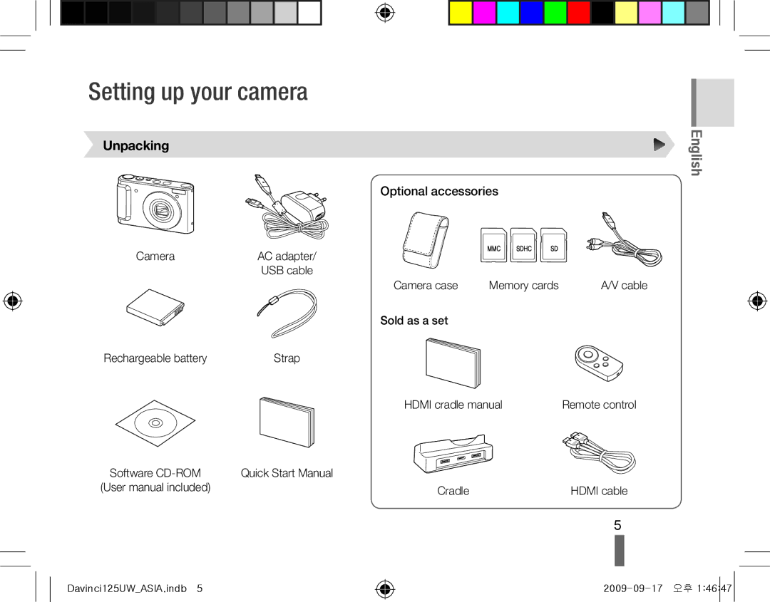 Samsung EC-WB100SBP/IT, EC-WB1000BPBFR, EC-WB100BBP/FR manual Setting up your camera, Unpacking, Optional accessories 