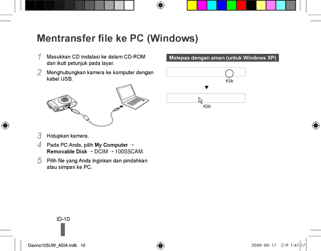 Samsung EC-WB1000BPSRU, EC-WB1000BPBFR manual Mentransfer file ke PC Windows, ID-10, Melepas dengan aman untuk Windows XP 