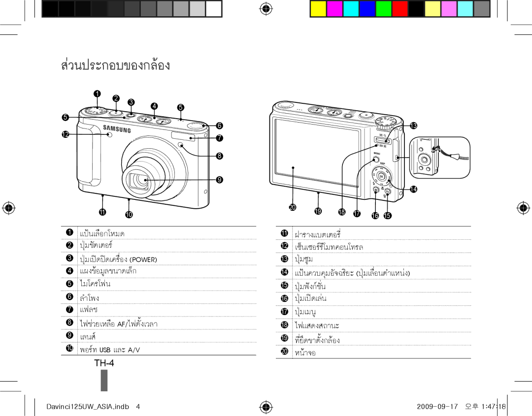 Samsung EC-WB100BBP/ME, EC-WB1000BPBFR, EC-WB100BBP/FR, EC-WB1000BPBE1, EC-WB1000BPSFR manual ส่วนประกอบของกล้อง, TH-4 