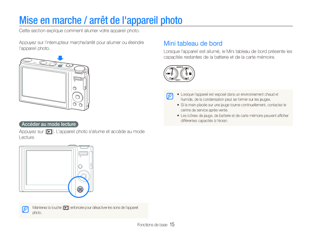 Samsung EC-WB100BBP/FR manual Mise en marche / arrêt de lappareil photo, Mini tableau de bord, Accéder au mode lecture 