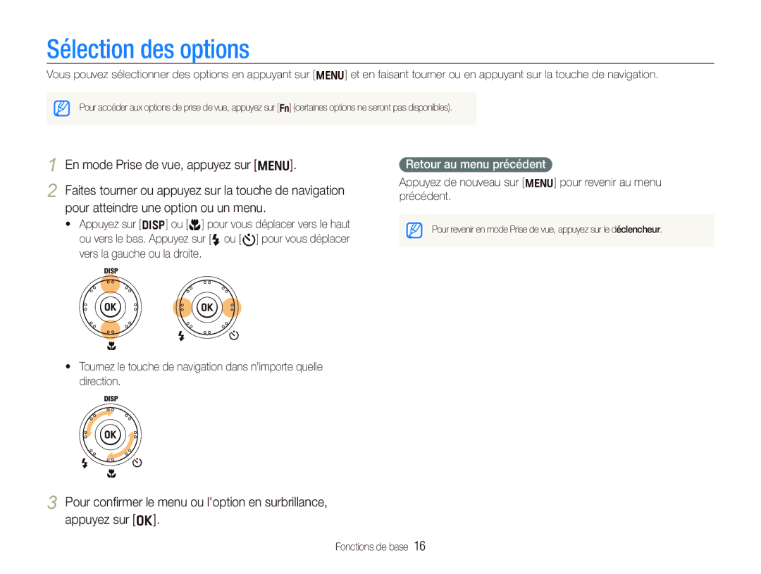 Samsung EC-WB1000BPBE1 manual Sélection des options, En mode Prise de vue, appuyez sur m, Retour au menu précédent 