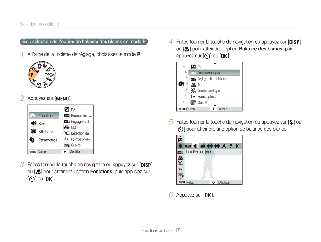 Samsung EC-WB1000BPSFR, EC-WB1000BPBFR Sélection des options, Ex. sélection de loption de balance des blancs en mode P 