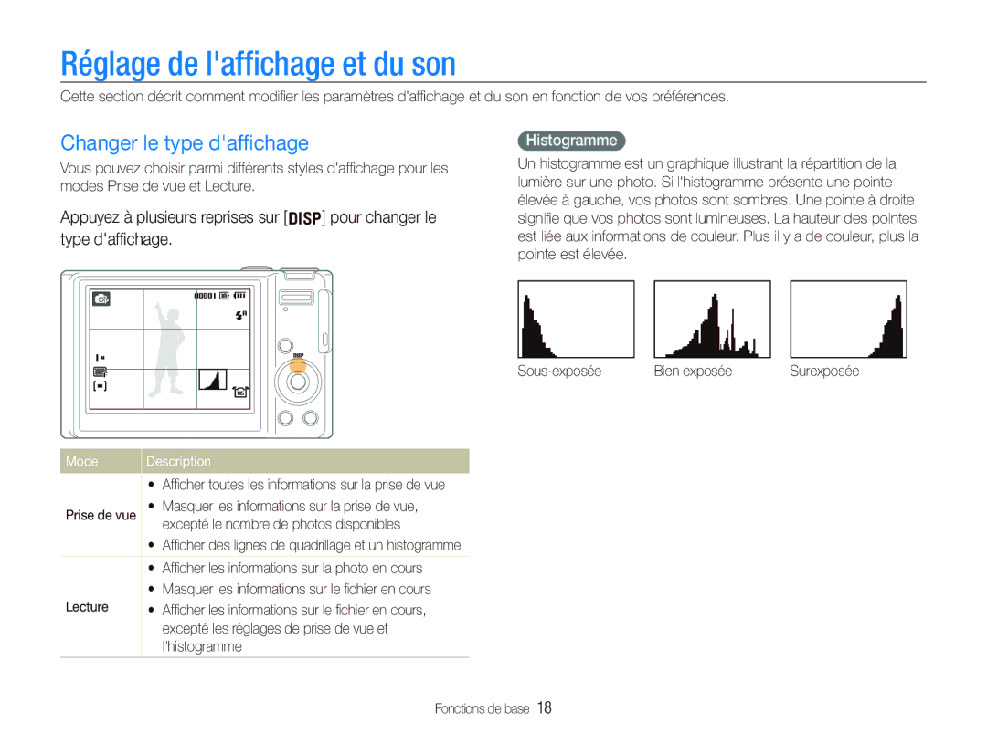 Samsung EC-WB100SBP/FR, EC-WB1000BPBFR manual Réglage de lafﬁchage et du son, Changer le type dafﬁchage, Histogramme 