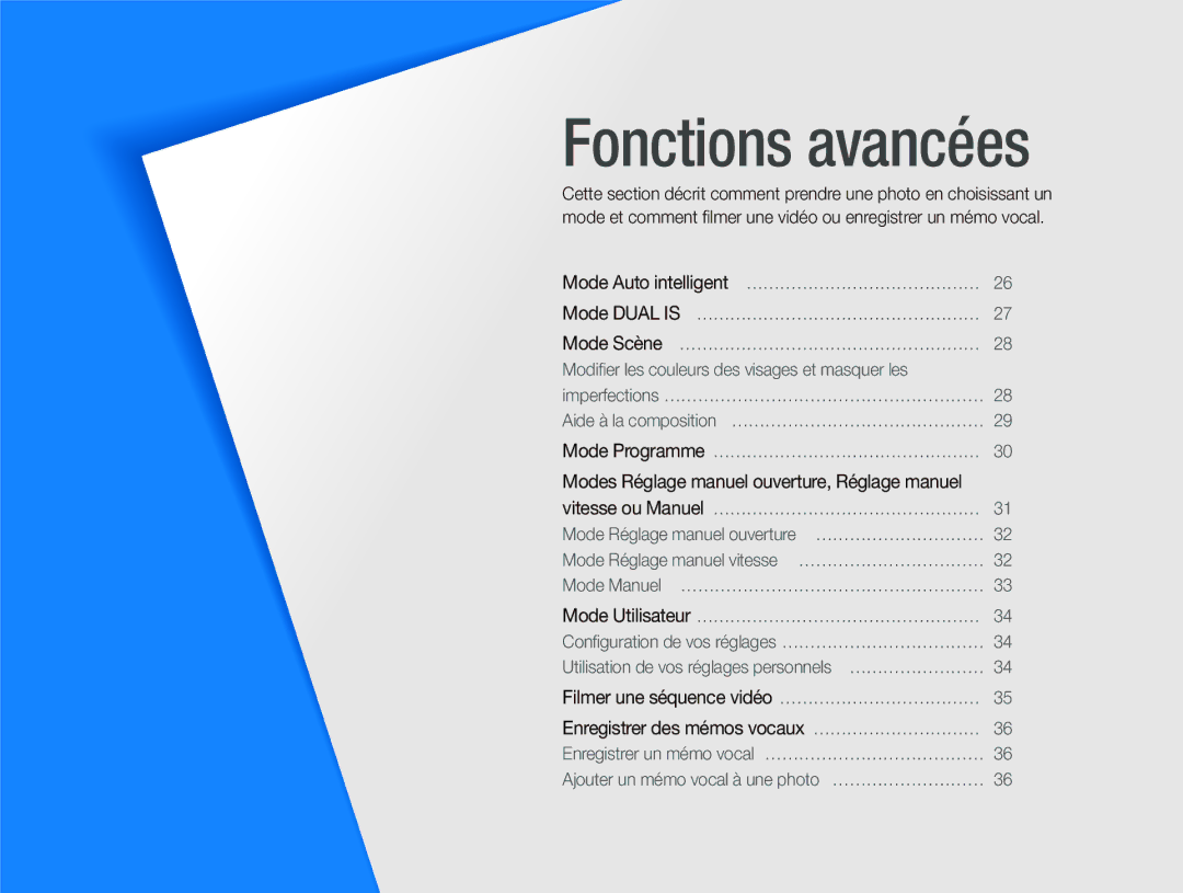 Samsung EC-WB100BBP/FR, EC-WB1000BPBFR, EC-WB1000BPBE1, EC-WB1000BPSFR, EC-WB100SBP/FR manual Fonctions avancées 