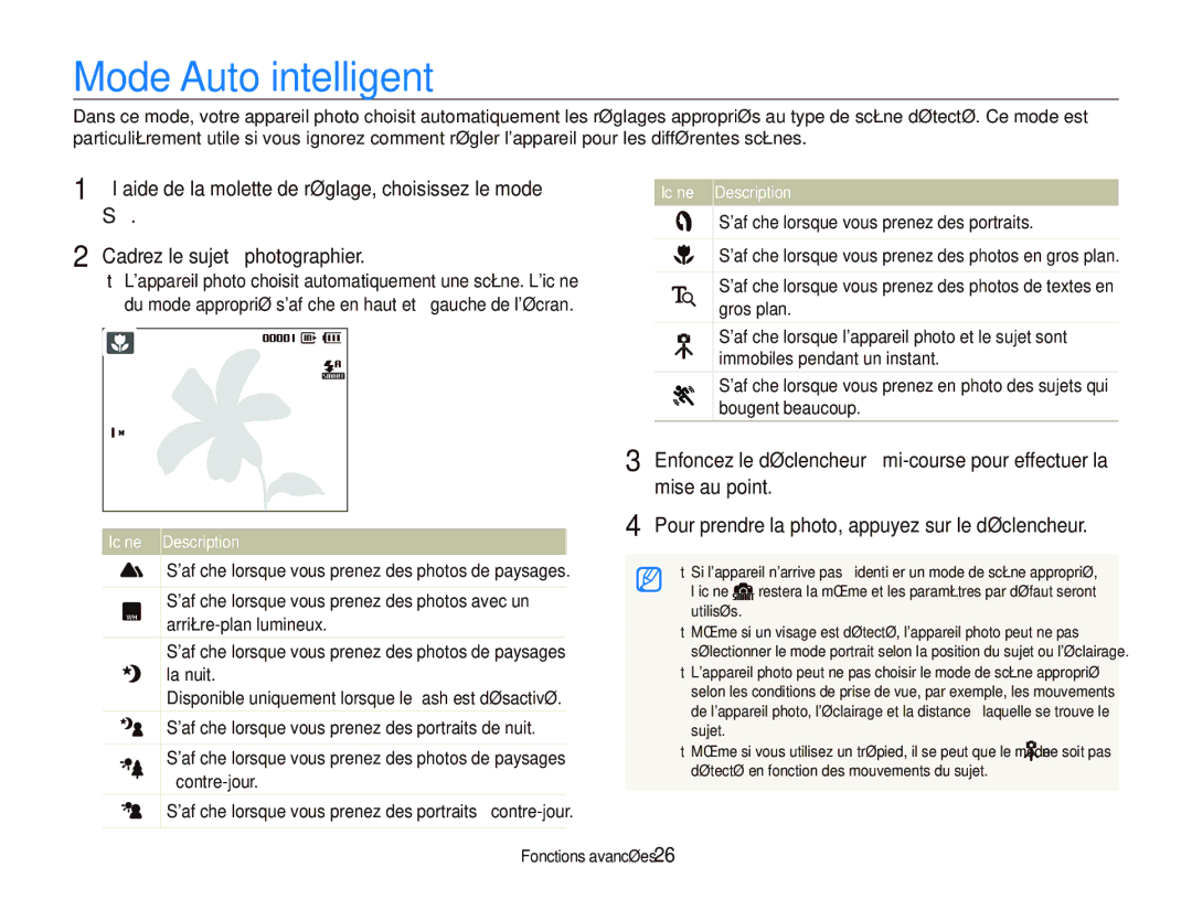 Samsung EC-WB1000BPBE1, EC-WB1000BPBFR, EC-WB100BBP/FR, EC-WB1000BPSFR manual Mode Auto intelligent, Fonctions avancées 