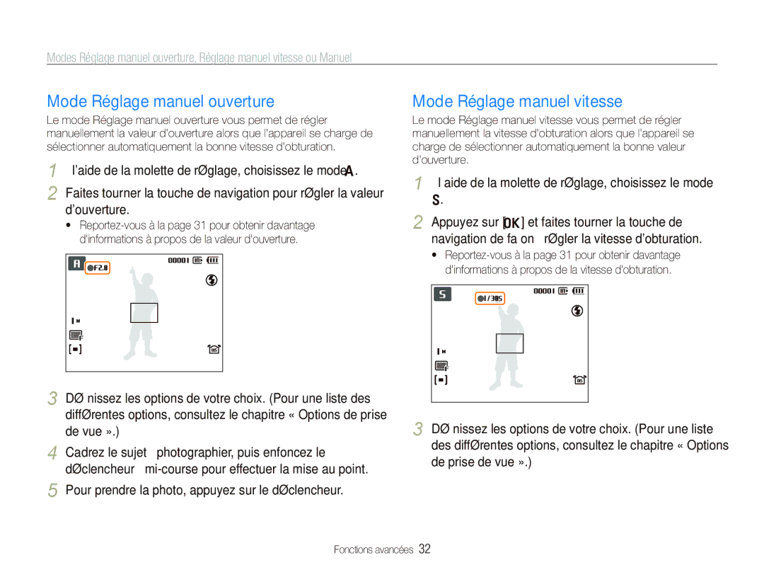 Samsung EC-WB1000BPSFR, EC-WB1000BPBFR, EC-WB100BBP/FR manual Mode Réglage manuel ouverture, Mode Réglage manuel vitesse 