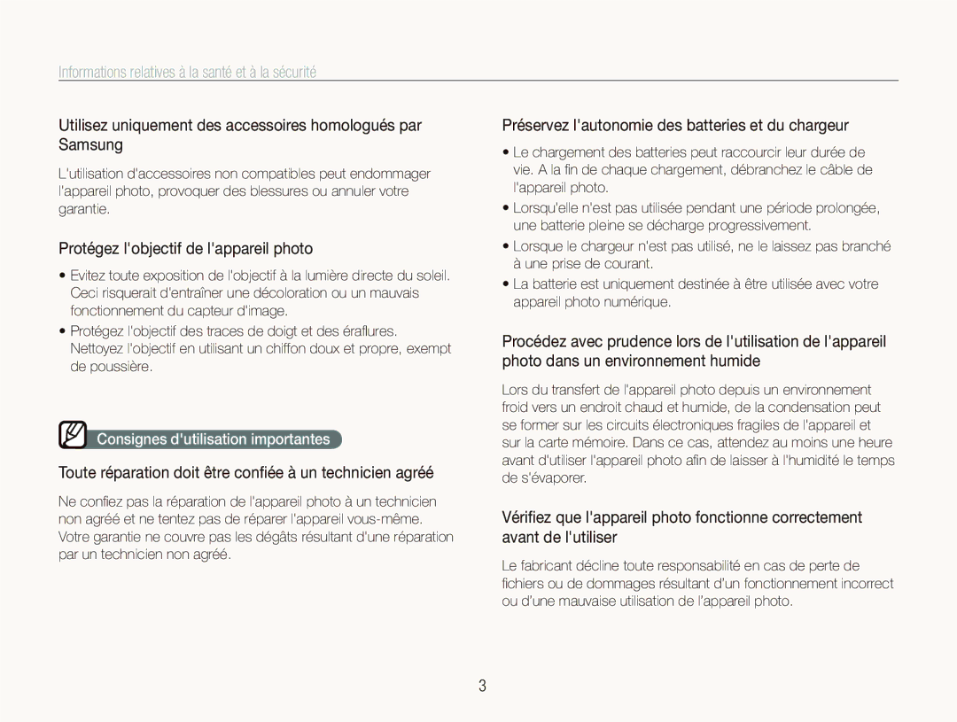 Samsung EC-WB100SBP/FR Utilisez uniquement des accessoires homologués par Samsung, Protégez lobjectif de lappareil photo 