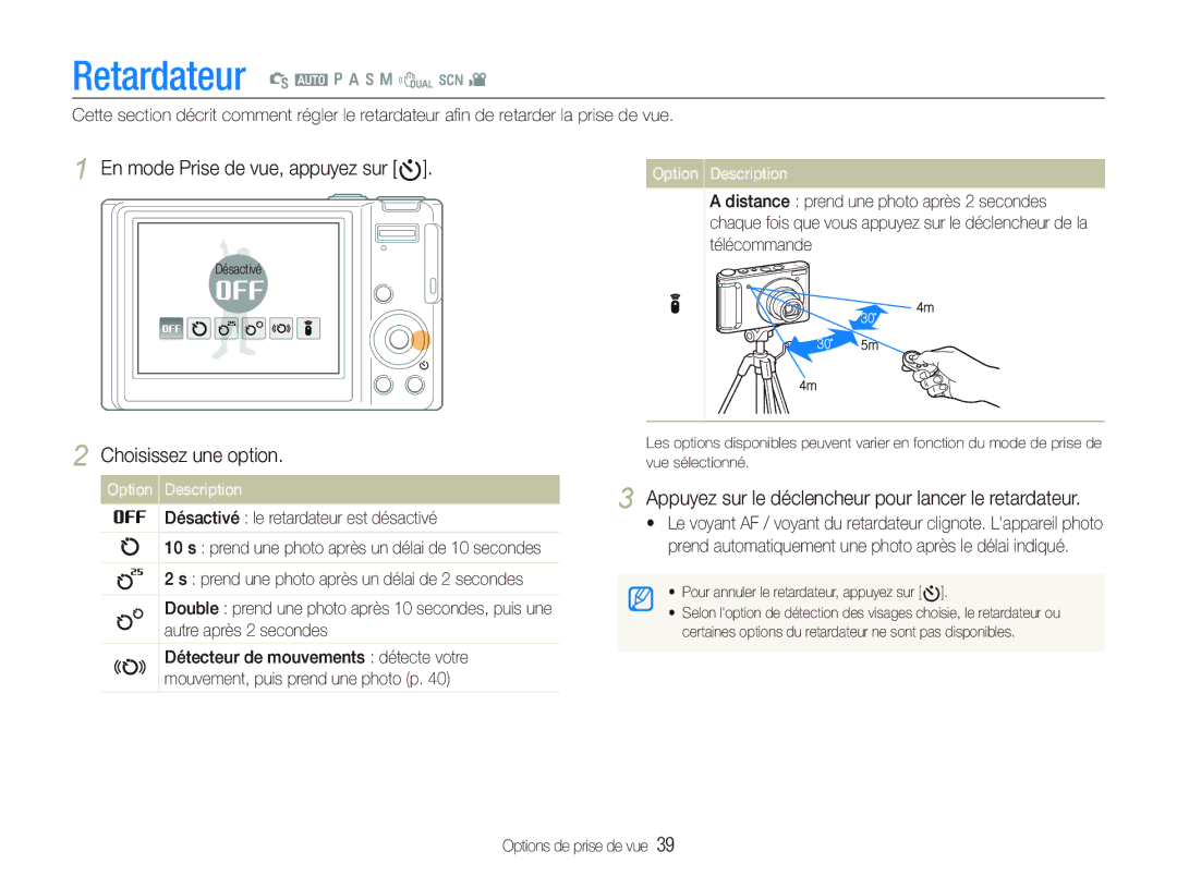 Samsung EC-WB1000BPBFR, EC-WB100BBP/FR, EC-WB1000BPBE1 manual En mode Prise de vue, appuyez sur t, Choisissez une option 