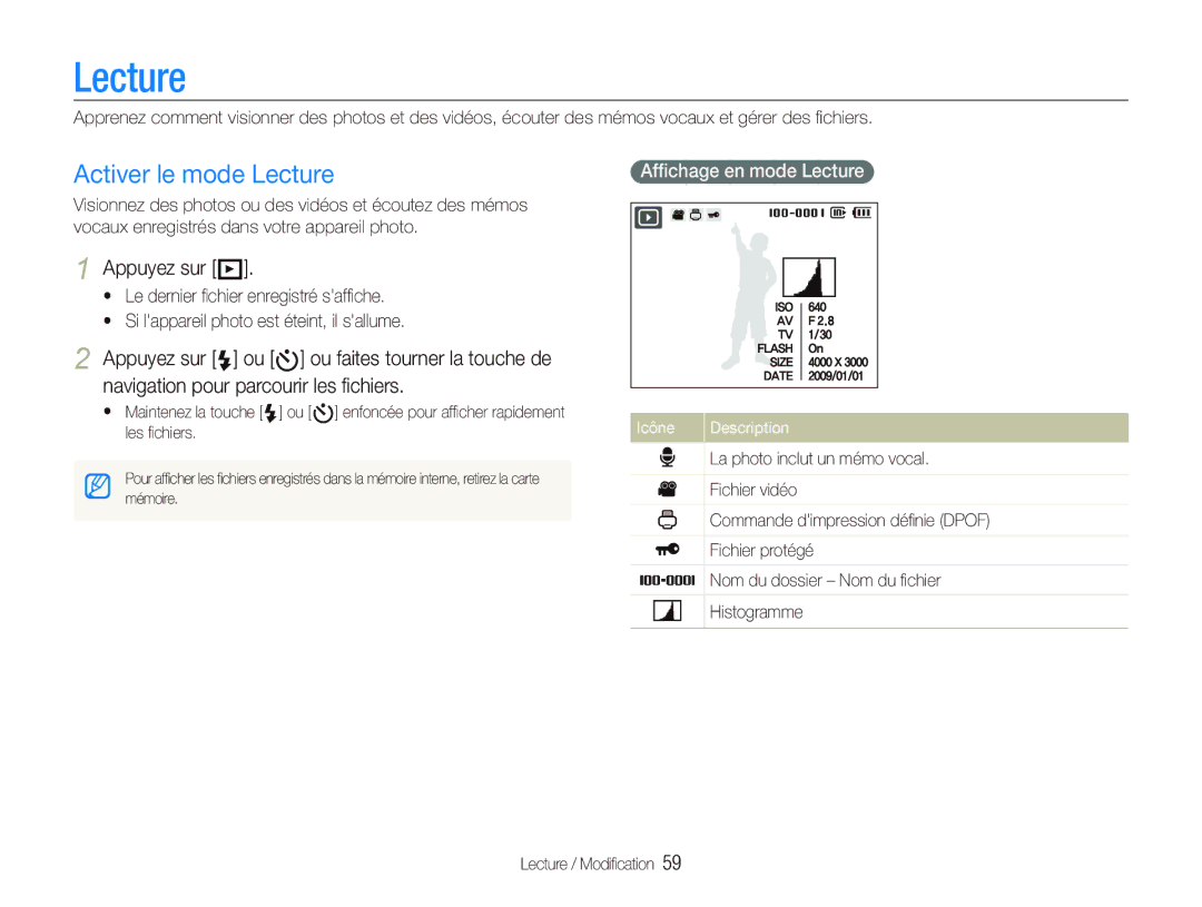 Samsung EC-WB1000BPBFR, EC-WB100BBP/FR, EC-WB1000BPBE1 Activer le mode Lecture, Appuyez sur P, Afﬁchage en mode Lecture 