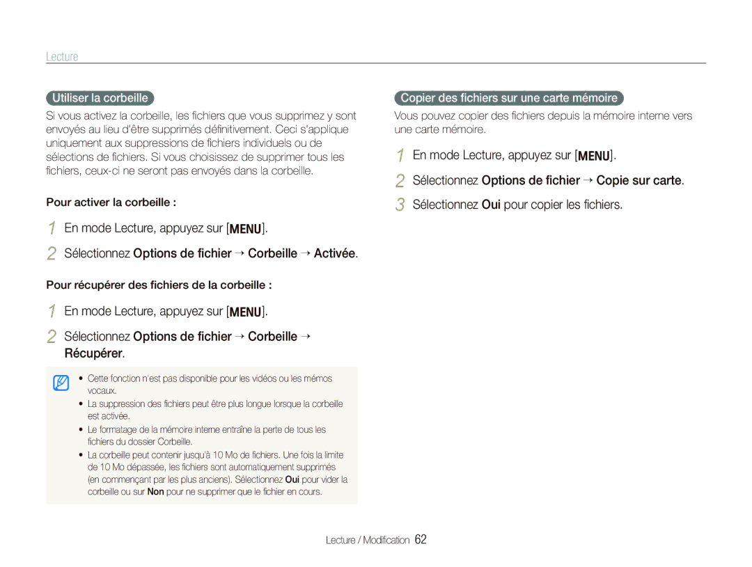 Samsung EC-WB1000BPSFR manual Utiliser la corbeille, Copier des ﬁchiers sur une carte mémoire, Pour activer la corbeille 