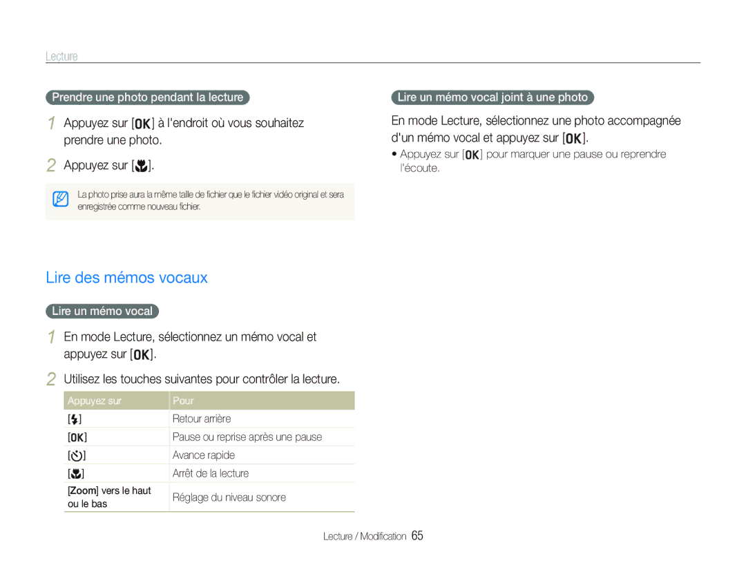 Samsung EC-WB100BBP/FR, EC-WB1000BPBFR Lire des mémos vocaux, Prendre une photo pendant la lecture, Lire un mémo vocal 