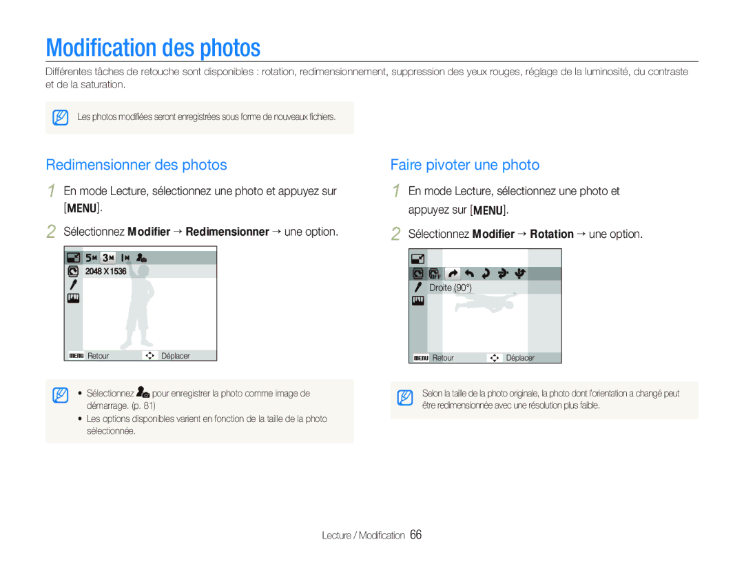 Samsung EC-WB1000BPBE1, EC-WB1000BPBFR manual Modiﬁcation des photos, Redimensionner des photos, Faire pivoter une photo 