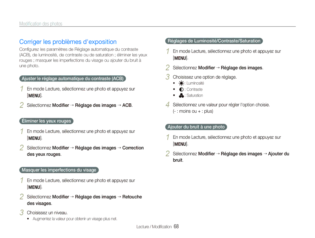 Samsung EC-WB100SBP/FR, EC-WB1000BPBFR Corriger les problèmes dexposition, Ajuster le réglage automatique du contraste ACB 