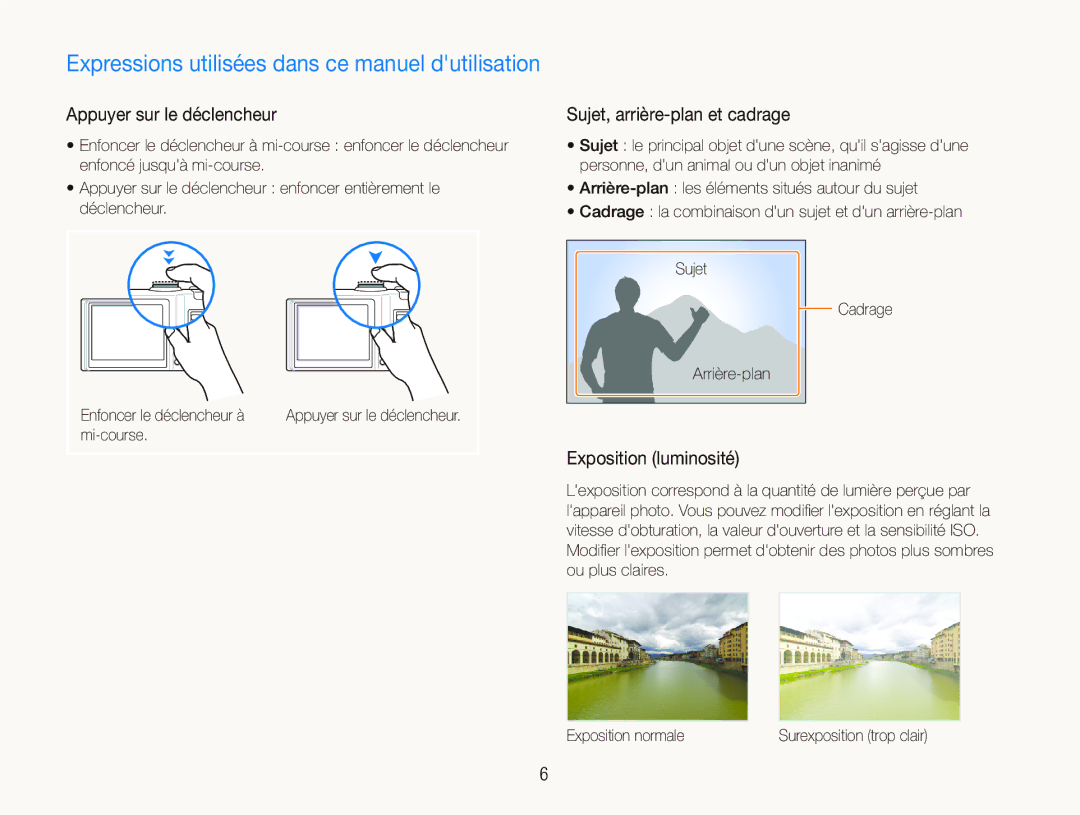 Samsung EC-WB1000BPBE1 manual Appuyer sur le déclencheur, Sujet, arrière-plan et cadrage, Exposition luminosité, Mi-course 