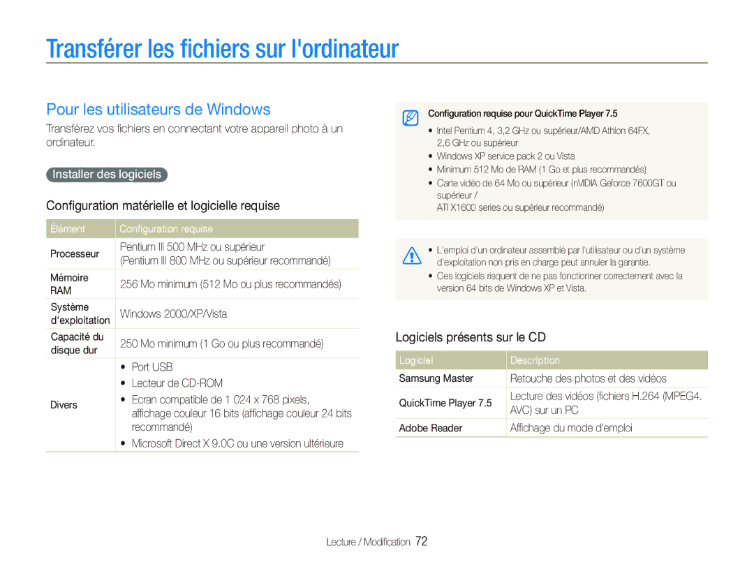 Samsung EC-WB1000BPSFR Transférer les ﬁchiers sur lordinateur, Pour les utilisateurs de Windows, Installer des logiciels 