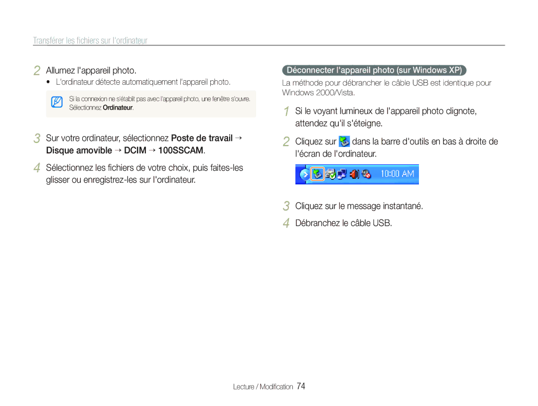 Samsung EC-WB1000BPBFR  Lordinateur détecte automatiquement lappareil photo, Déconnecter lappareil photo sur Windows XP 