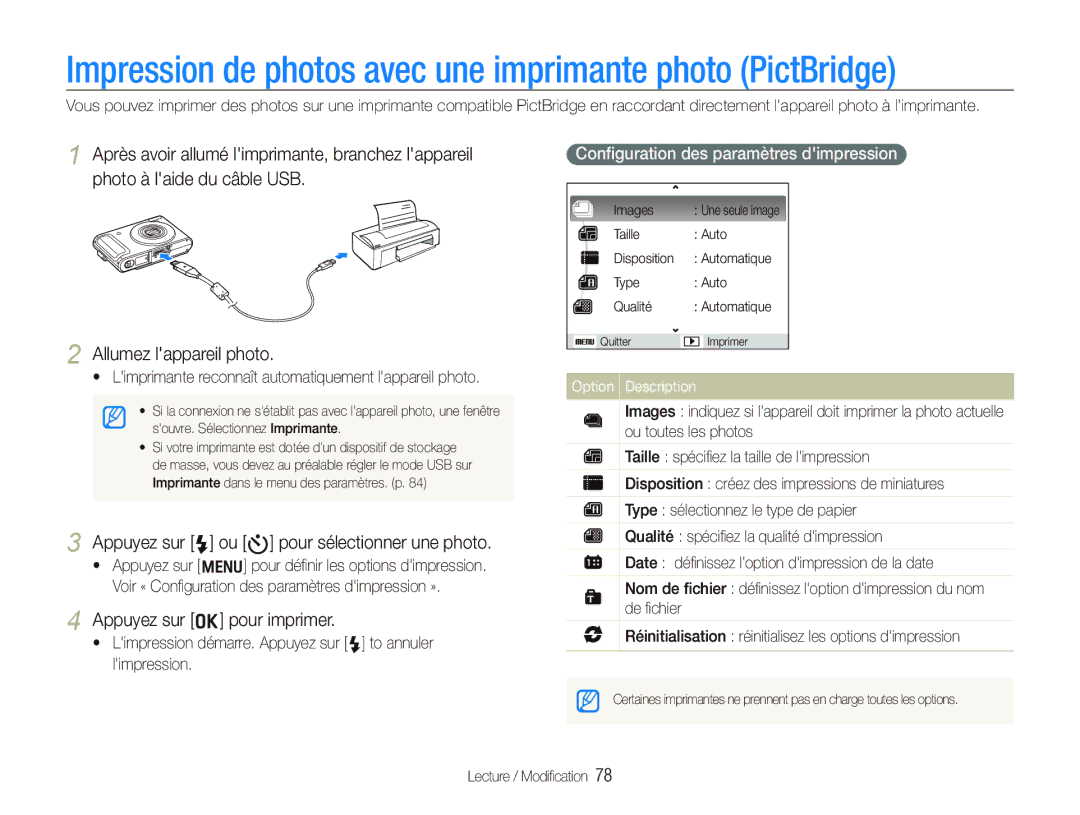 Samsung EC-WB100SBP/FR manual Impression de photos avec une imprimante photo PictBridge, Appuyez sur o pour imprimer 