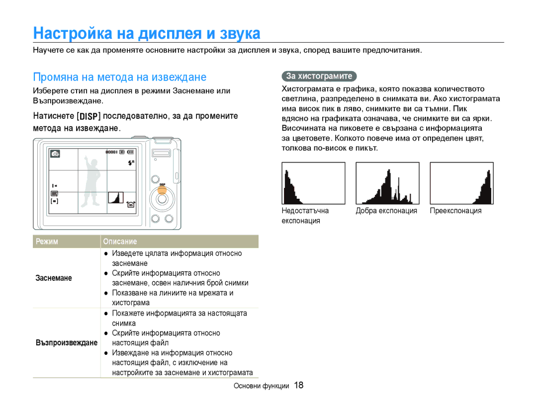 Samsung EC-WB1000BPBE3 manual Настройка на дисплея и звука, Промяна на метода на извеждане, За хистограмите, Режим Описание 