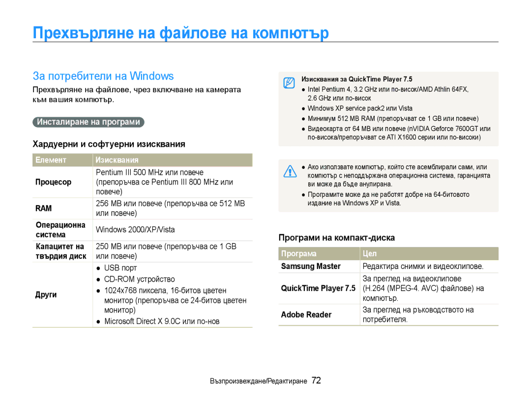 Samsung EC-WB1000BPBE3 Прехвърляне на файлове на компютър, За потребители на Windows, Хардуерни и софтуерни изисквания 