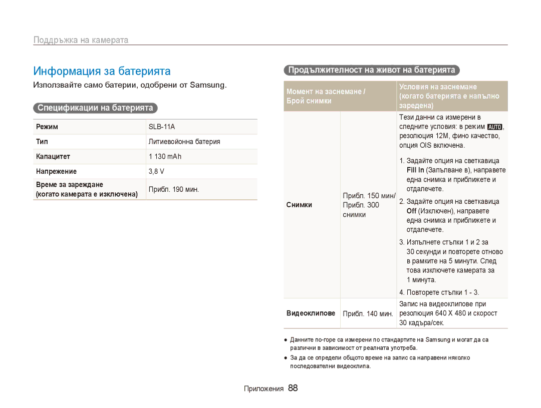 Samsung EC-WB1000BPBE3 manual Спецификации на батерията, Продължителност на живот на батерията, Брой снимки Заредена 