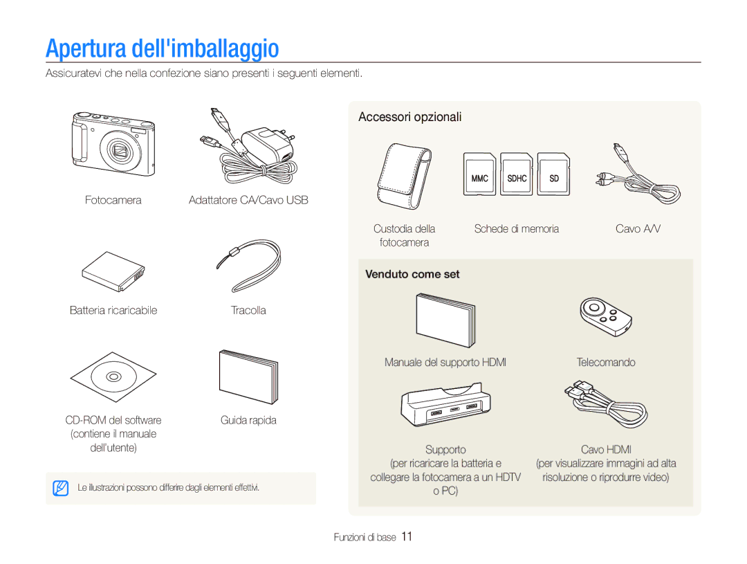 Samsung EC-WB100SBP/IT, EC-WB1000BPSIT, EC-WB100BBP/IT, EC-WB1000BPBIT manual Apertura dellimballaggio, Accessori opzionali 