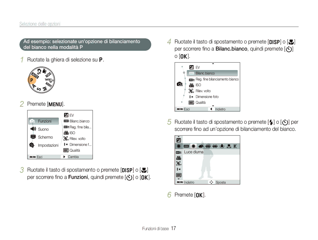 Samsung EC-WB100BBP/IT, EC-WB100SBP/IT, EC-WB1000BPSIT, EC-WB1000BPBIT manual Selezione delle opzioni, Premete o 