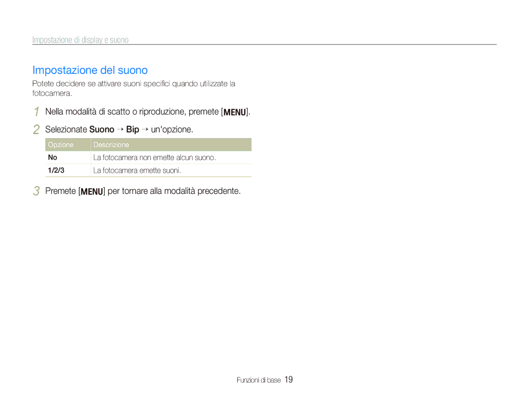 Samsung EC-WB100SBP/IT, EC-WB1000BPSIT manual Impostazione del suono, Impostazione di display e suono, Opzione Descrizione 