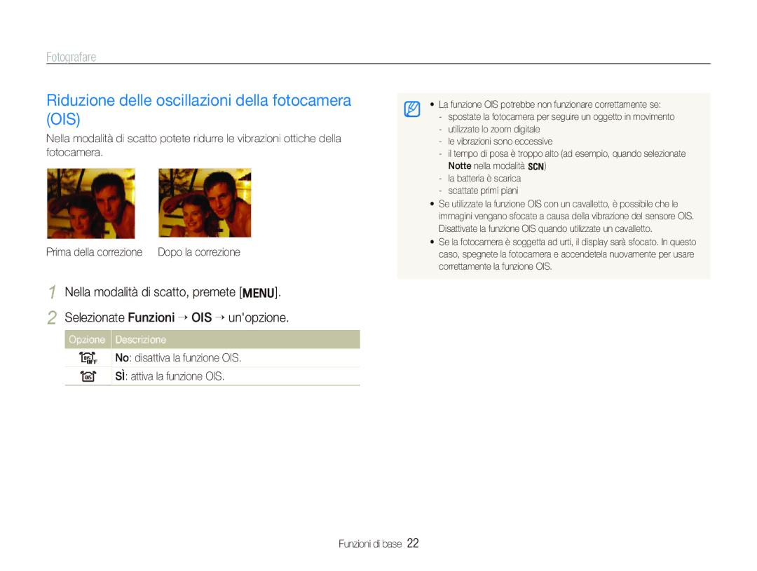Samsung EC-WB1000BPBIT, EC-WB100SBP/IT, EC-WB1000BPSIT, EC-WB100BBP/IT Riduzione delle oscillazioni della fotocamera OIS 