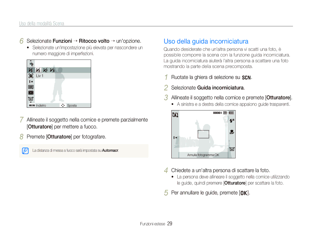 Samsung EC-WB100BBP/IT manual Uso della guida incorniciatura, Uso della modalità Scena, Per annullare le guide, premete o 