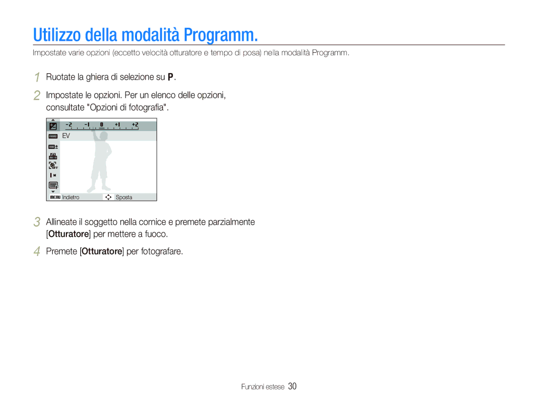 Samsung EC-WB1000BPBIT, EC-WB100SBP/IT, EC-WB1000BPSIT, EC-WB100BBP/IT manual Utilizzo della modalità Programm 