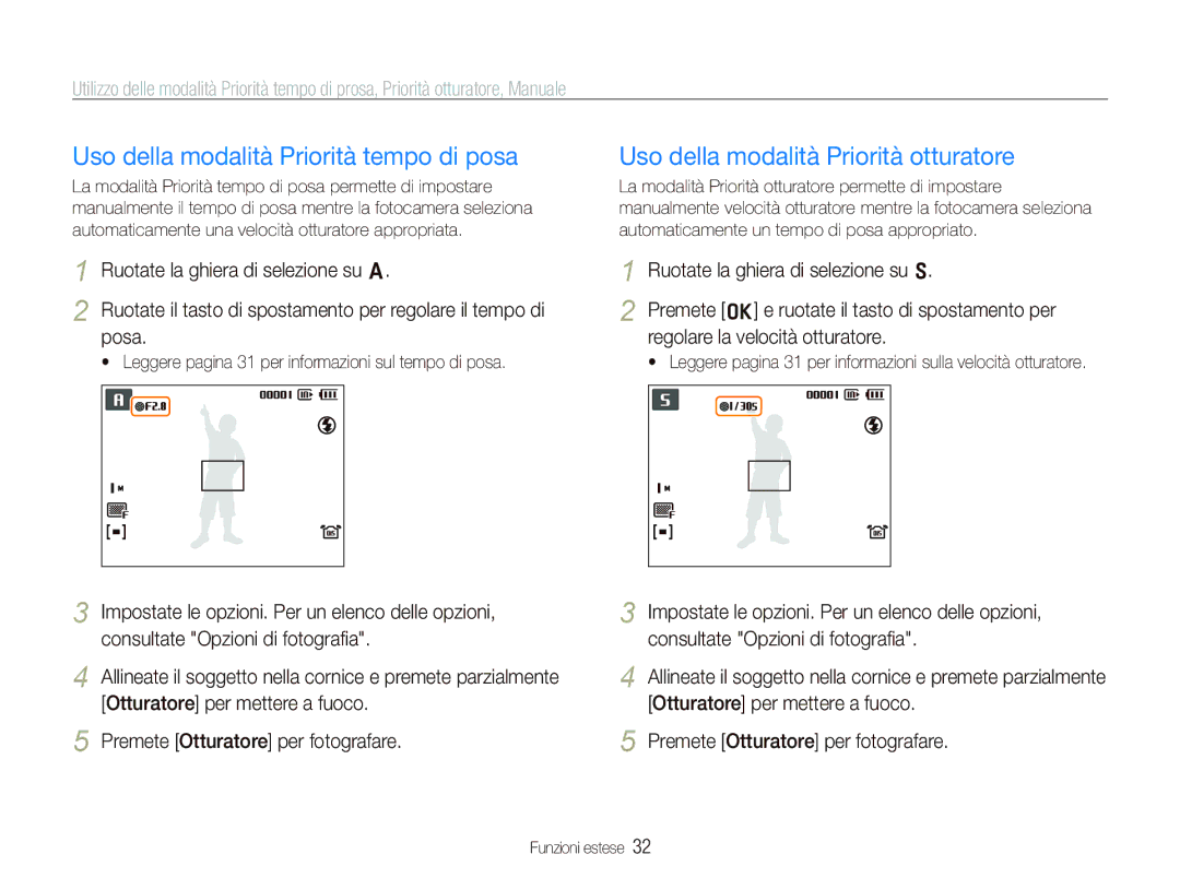 Samsung EC-WB1000BPSIT, EC-WB100SBP/IT Uso della modalità Priorità tempo di posa, Uso della modalità Priorità otturatore 