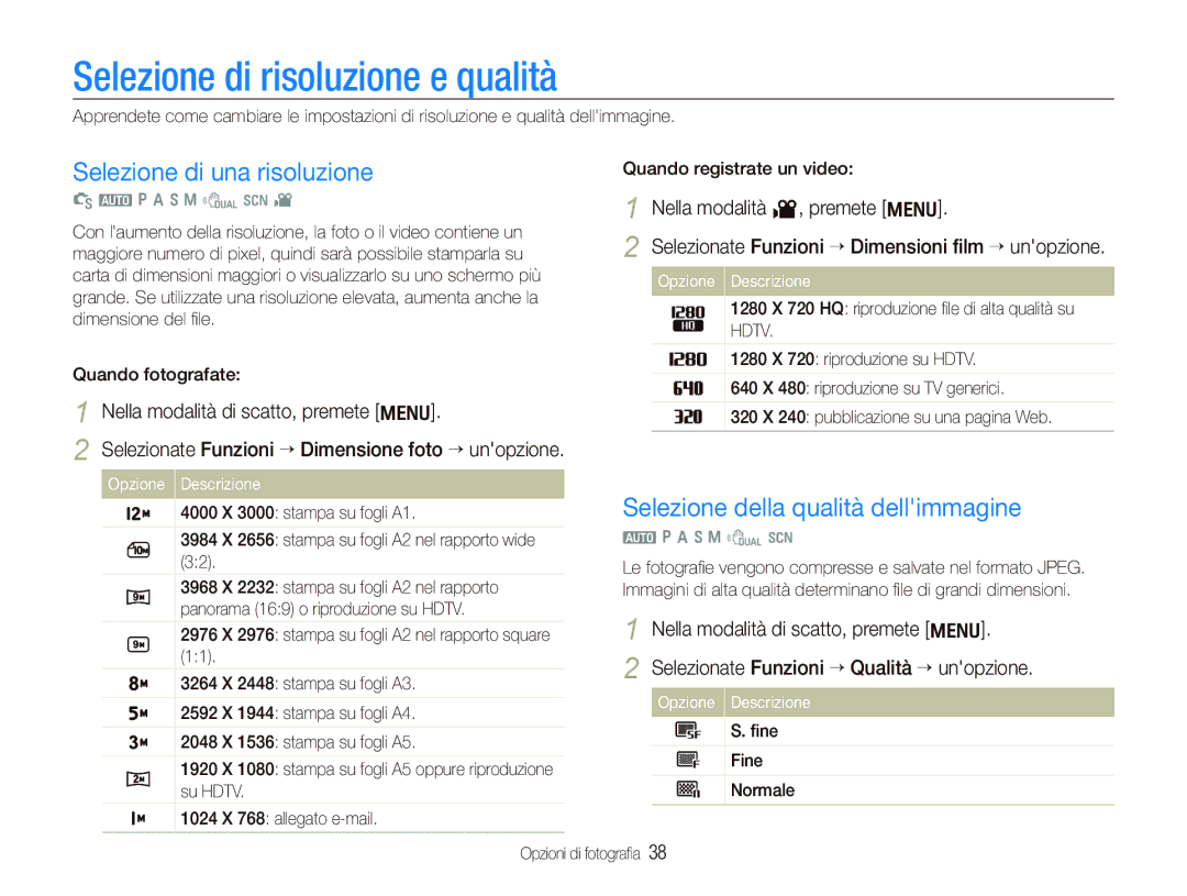 Samsung EC-WB1000BPBIT, EC-WB100SBP/IT, EC-WB1000BPSIT Selezione di risoluzione e qualità, Selezione di una risoluzione 